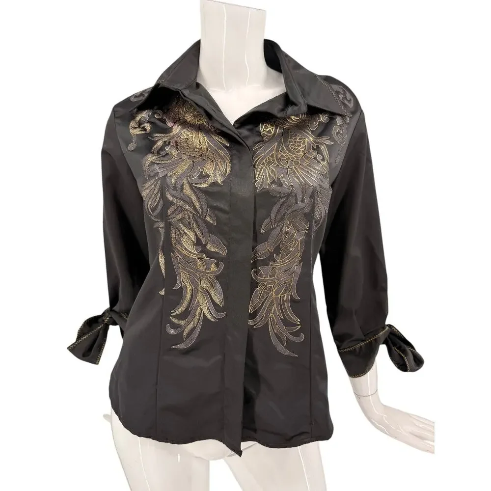 Just Cavalli Satin Glitter Embellished Button-Up Shirt Black Women's Size 46